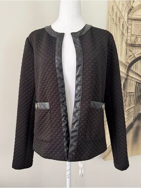Preloved Quilted Black Open-Front Jacket with Faux Leather Trim